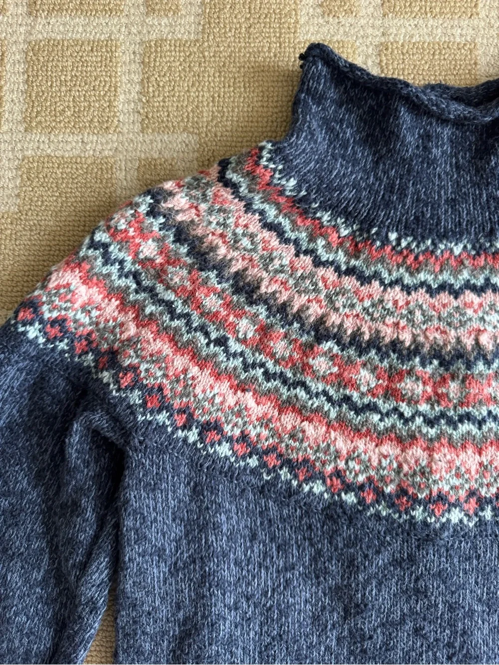 L.L. Bean Cotton Fair Isle Mock Turtleneck Sweater Navy Nordic XS